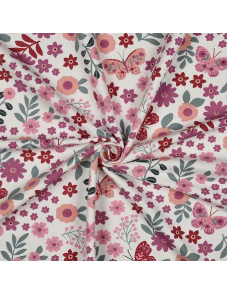Tissu sweat léger papillon et fleur - Rose fond blanc