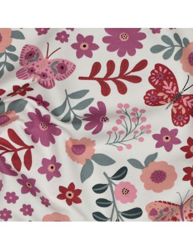 Tissu sweat léger papillon et fleur - Rose fond blanc