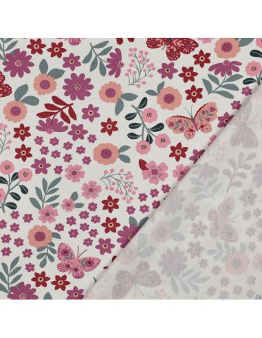 Tissu sweat léger papillon et fleur - Rose fond blanc