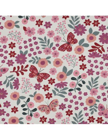 Tissu sweat léger papillon et fleur - Rose fond blanc