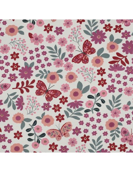 Tissu sweat léger papillon et fleur - Rose fond blanc