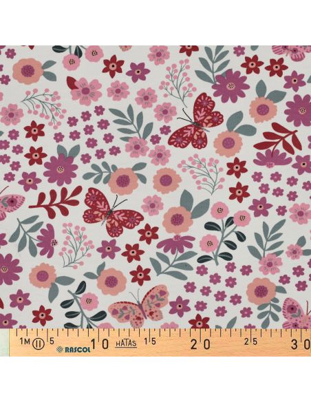 Tissu sweat léger papillon et fleur - Rose fond blanc