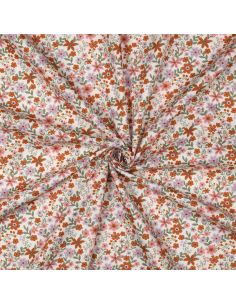 Tissu popeline de coton Cassandre - Fleurs roses et oranges fond blanc