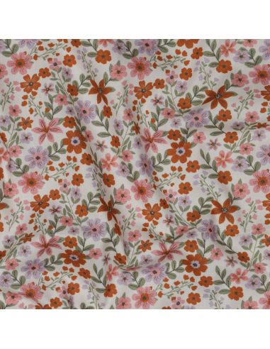 Tissu popeline de coton Cassandre - Fleurs roses et oranges fond blanc