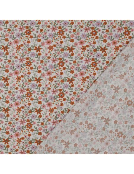 Tissu popeline de coton Cassandre - Fleurs roses et oranges fond blanc