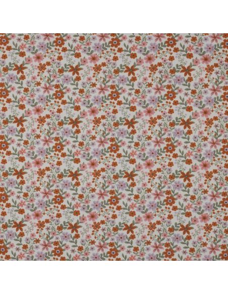Tissu popeline de coton Cassandre - Fleurs roses et oranges fond blanc