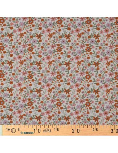 Tissu popeline de coton Cassandre - Fleurs roses et oranges fond blanc