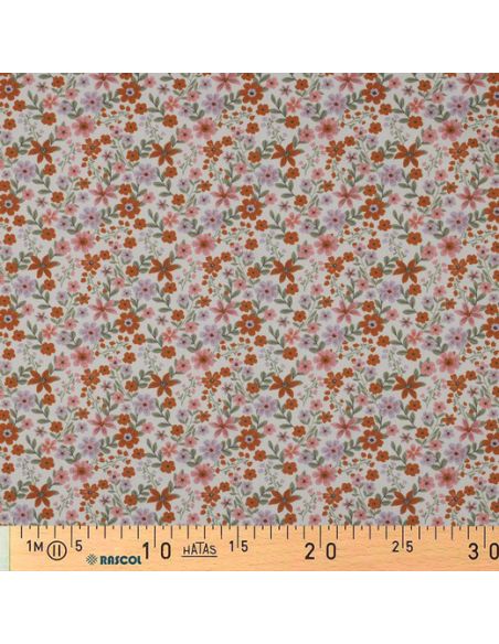 Tissu popeline de coton Cassandre - Fleurs roses et oranges fond blanc