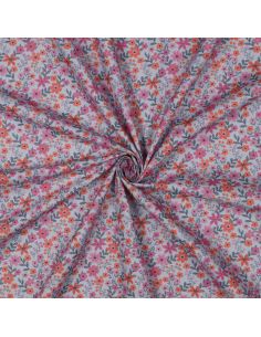 Tissu popeline de coton Cassandre - Fleurs roses et oranges fond bleu clair