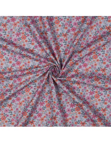 Tissu popeline de coton Cassandre - Fleurs roses et oranges fond bleu clair