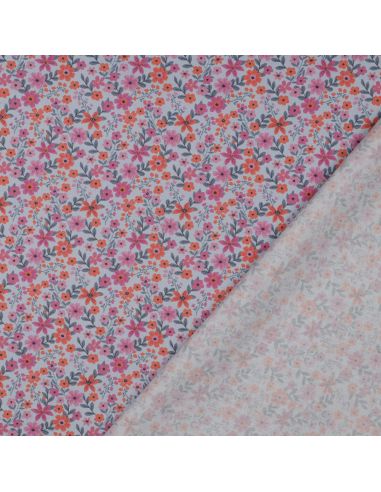 Tissu popeline de coton Cassandre - Fleurs roses et oranges fond bleu clair