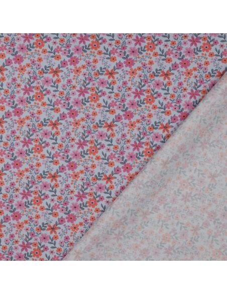 Tissu popeline de coton Cassandre - Fleurs roses et oranges fond bleu clair