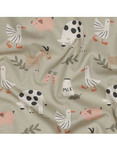 Tissu popeline de coton à la ferme - Animaux fond beige