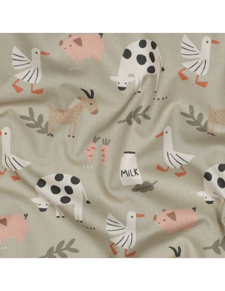 Tissu popeline de coton à la ferme - Animaux fond beige
