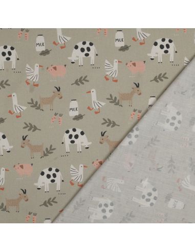 Tissu popeline de coton à la ferme - Animaux fond beige