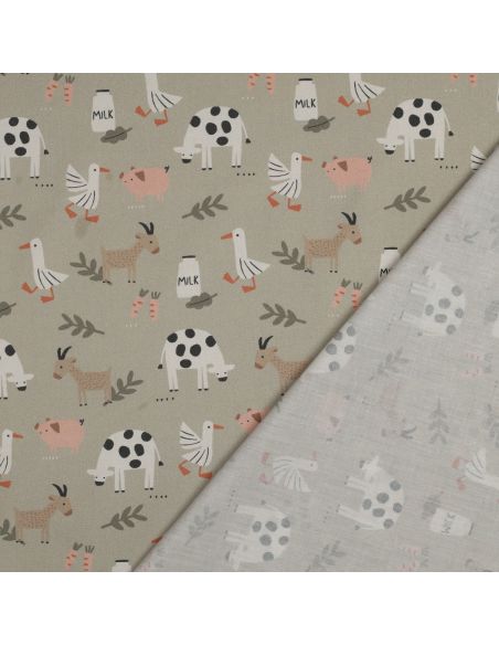 Tissu popeline de coton à la ferme - Animaux fond beige