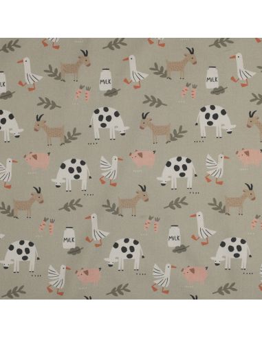 Tissu popeline de coton à la ferme - Animaux fond beige