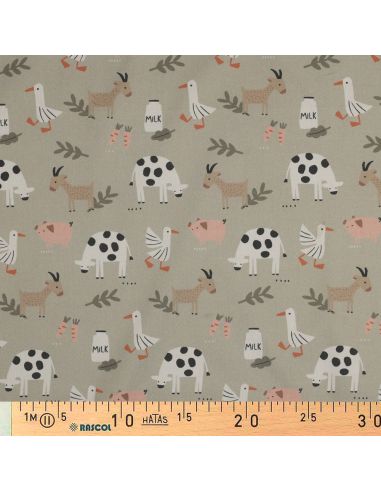 Tissu popeline de coton à la ferme - Animaux fond beige