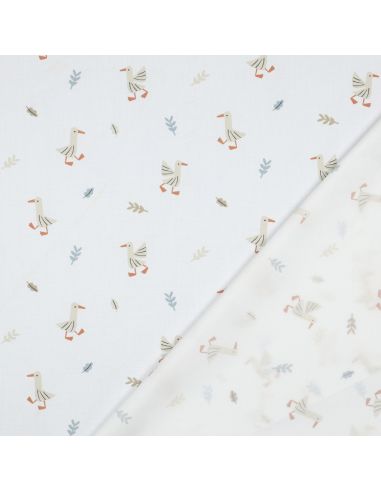 Tissu popeline de coton à la ferme - Oies fond blanc