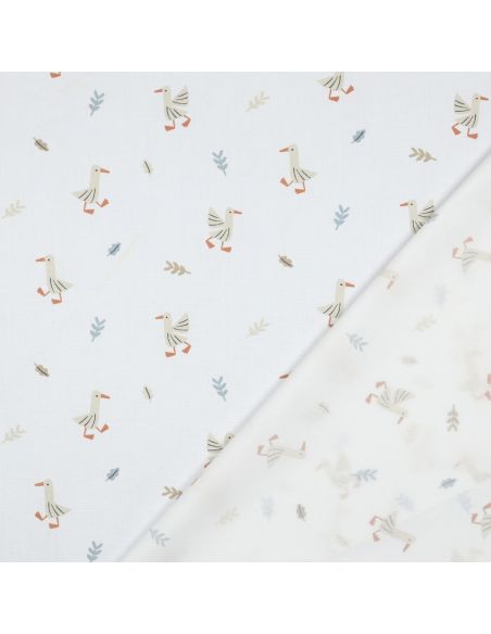 Tissu popeline de coton à la ferme - Oies fond blanc