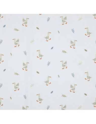 Tissu popeline de coton à la ferme - Oies fond blanc