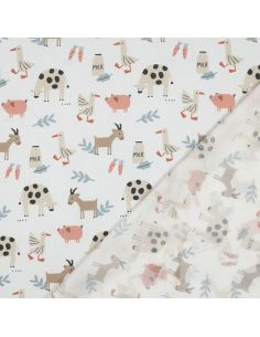 Tissu popeline de coton à la ferme - Animaux fond blanc