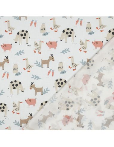 Tissu popeline de coton à la ferme - Animaux fond blanc