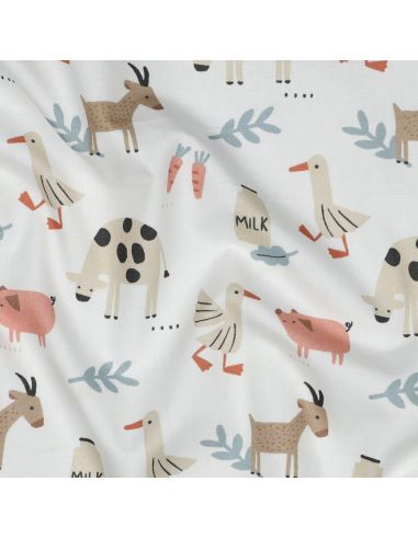 Tissu popeline de coton à la ferme - Animaux fond blanc