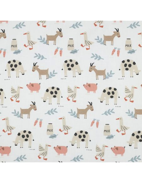 Tissu popeline de coton à la ferme - Animaux fond blanc