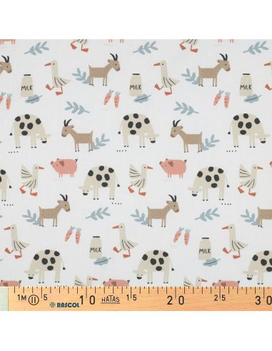 Tissu popeline de coton à la ferme - Animaux fond blanc