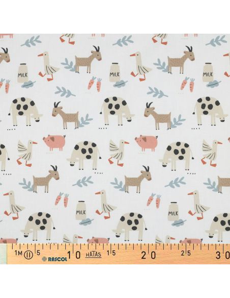 Tissu popeline de coton à la ferme - Animaux fond blanc