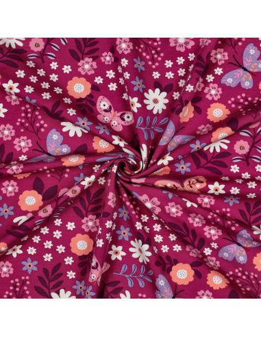 Tissu sweat léger papillon et fleur - Rose fond fuchsia