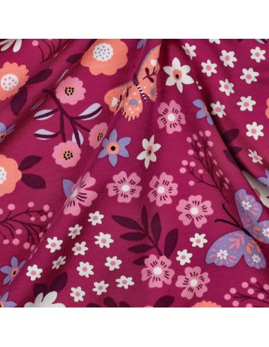 Tissu sweat léger papillon et fleur - Rose fond fuchsia
