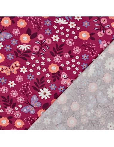 Tissu sweat léger papillon et fleur - Rose fond fuchsia