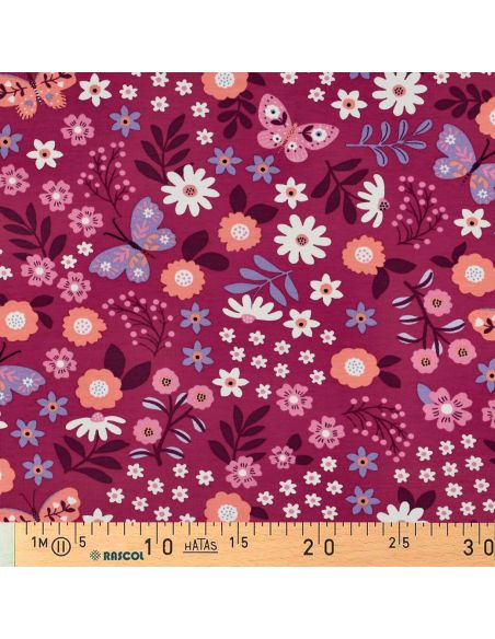 Tissu sweat léger papillon et fleur - Rose fond fuchsia