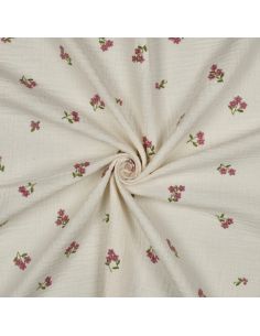 Tissu double gaze de coton brodé fleurs - Naturel