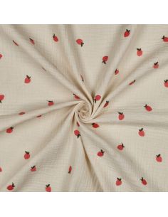 Tissu double gaze de coton brodé pêches - Naturel