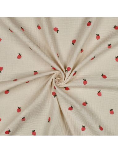 Tissu double gaze de coton brodé pêches - Naturel
