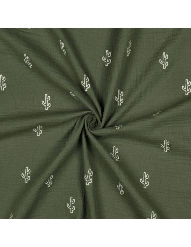 Tissu double gaze de coton brodé cactus - Kaki