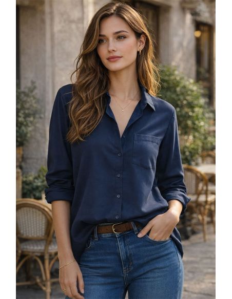Tissu tencel effet peau de pêche - Bleu navy