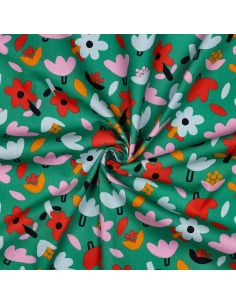 Tissu popeline de coton Jennifer Bouron - Fleurs rouge sur fond vert