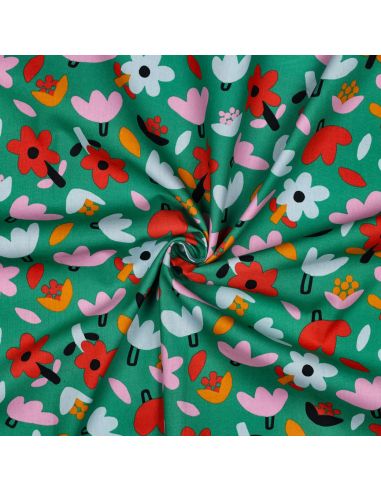 Tissu popeline de coton Jennifer Bouron - Fleurs rouge sur fond vert