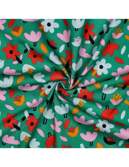 Tissu popeline de coton Jennifer Bouron - Fleurs rouge sur fond vert