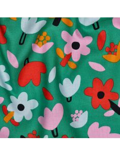 Tissu popeline de coton Jennifer Bouron - Fleurs rouge sur fond vert 2