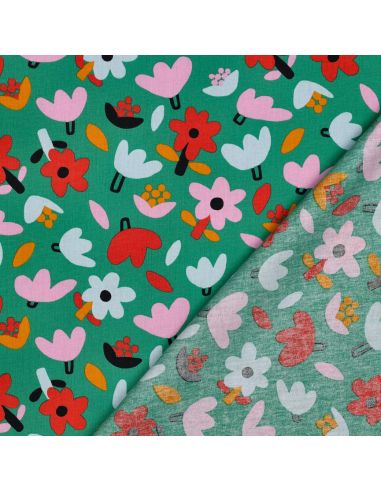 Tissu popeline de coton Jennifer Bouron - Fleurs rouge sur fond vert
