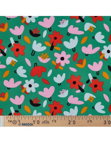 Tissu popeline de coton Jennifer Bouron - Fleurs rouge sur fond vert