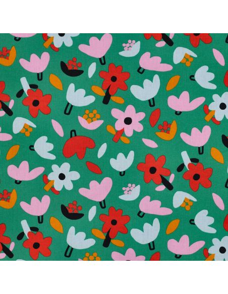 Tissu popeline de coton Jennifer Bouron - Fleurs rouge sur fond vert