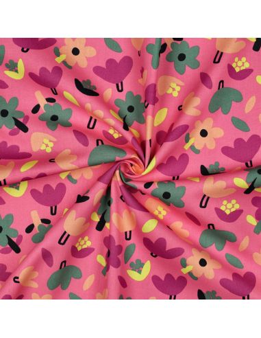 Tissu popeline de coton Jennifer Bouron - Fleurs verte sur fond rose