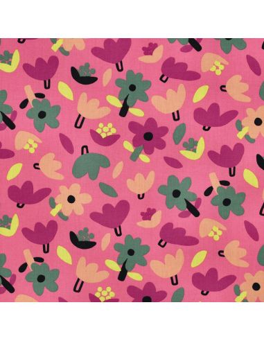 Tissu popeline de coton Jennifer Bouron - Fleurs verte sur fond rose