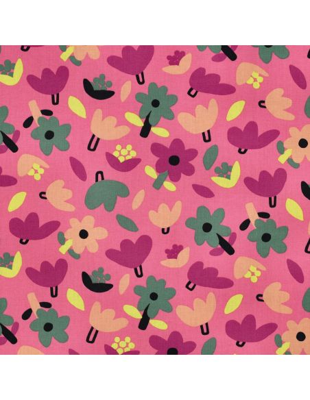 Tissu popeline de coton Jennifer Bouron - Fleurs verte sur fond rose
